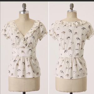 Anthropologie Cream Blouse with Black Pattern